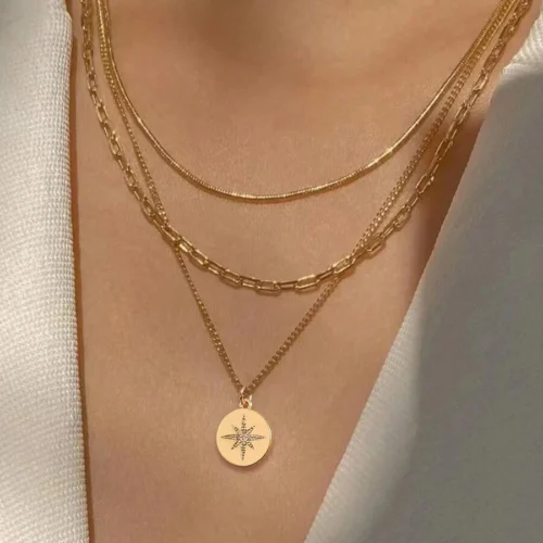 Nooxian 3pcs Fashionable Grid Paperclip Box Chains & Sparkling Cubic Zirconia Rectangle Pendant Necklace