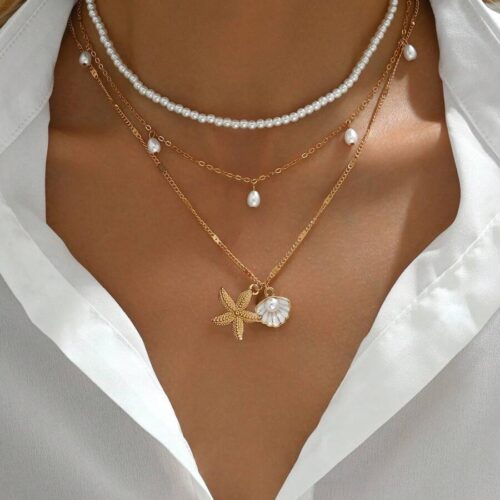 4pcs/Set Turquoise Beaded Necklace With Fashion Pearl, Eye, Fish And Heart Shape Pendant, Suitable For Women Everyday And Travel Wear Valentines