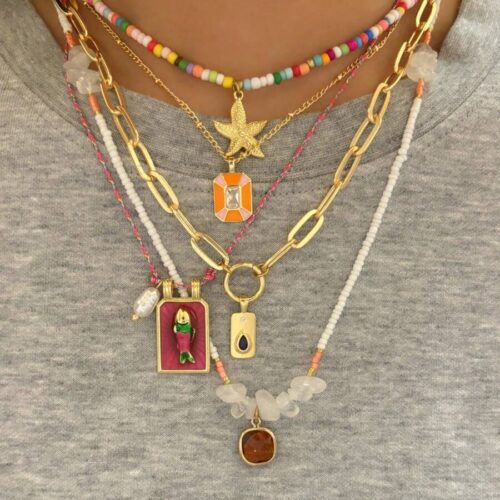 4pcs Bohemian Handmade Beaded Colorful Square Fish & Starfish Pendant Multilayer Necklace Set For Women, Suitable For Daily, Party, Beach, All Seasons