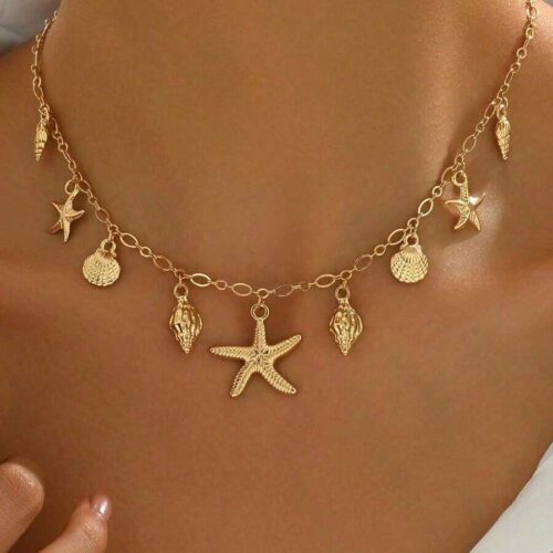 1pc Women's Fashion Pendant Necklace, Vintage Bohemian Beach Style With Sea Star, Shell, Turtle & Multi-Pendant Design, Layered Clavicle Chain, Party/Holiday Gift, Versatile Accessory
