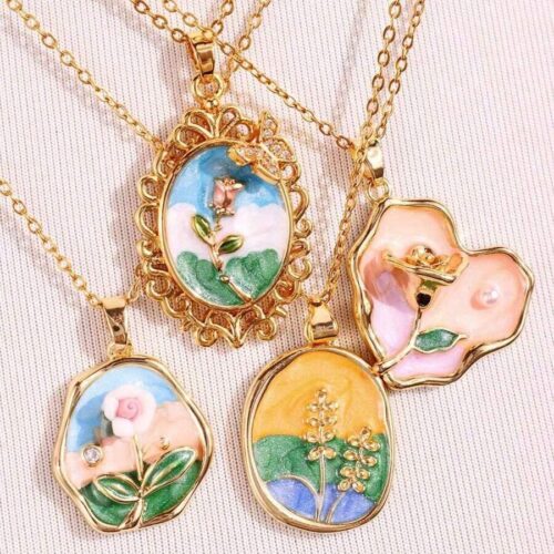 1pc Vintage-Inspired Women Jewelry Asymmetrical Pendant Necklace With Pearl, Rose Flower, Wheat Spikes & Colorful Floral Painting Design Valentines,Mom,Mother,Mother's Day,Gift(Random Jewelry)